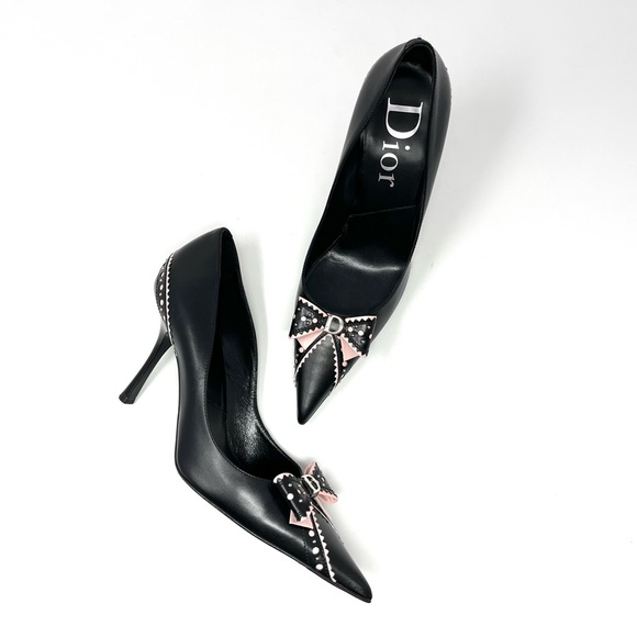 Vintage Christian Dior Galliano Y2K Leather Bow High Heels Pumps Black Pink 37 7 - Picture 1 of 13